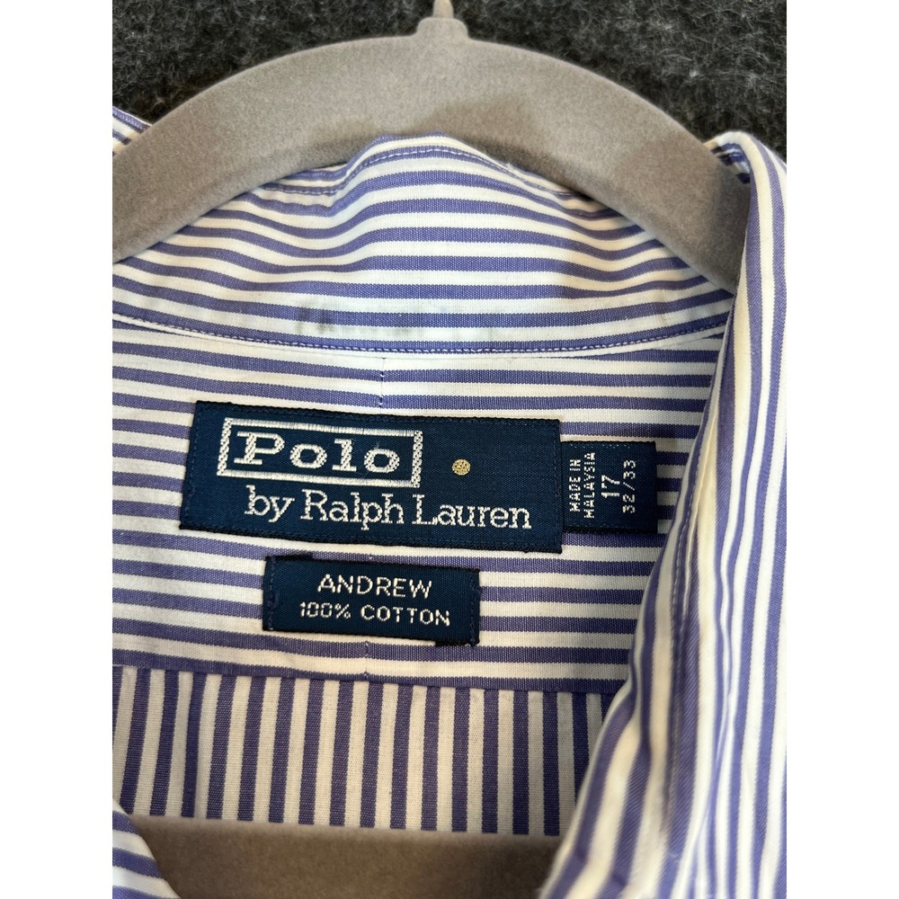 Polo Ralph Lauren Andrew Shirt Mens 17 32/33 Blue White Stripe Cotton LS Shirt